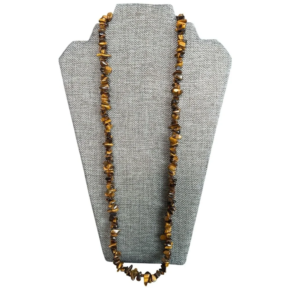 Lot 2 Tiger's Eye Stone Necklaces Chip Bead & Triple Strand Silver Tone Boho